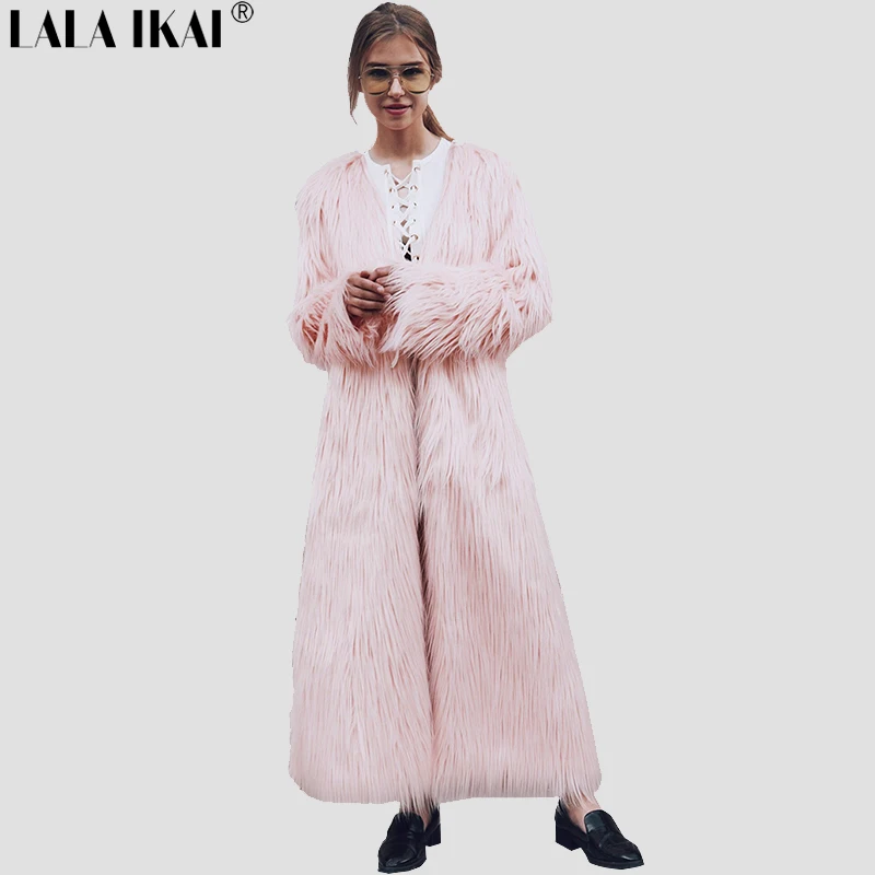 Women Winter Fluffy Hair Faux Fur Coat Pink Green White