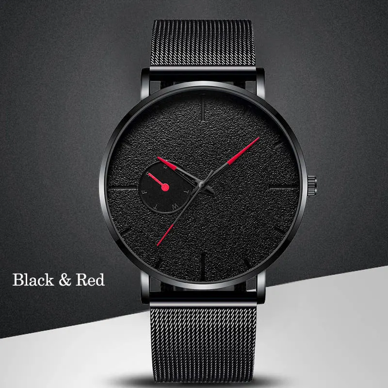 Мужские часы, повседневные, ультра тонкие, минимализм, брендовые, кварцевые, простые, синий указатель, наручные часы с сетчатым ремешком, деловые, Relogio Masculino - Цвет: BlackRed