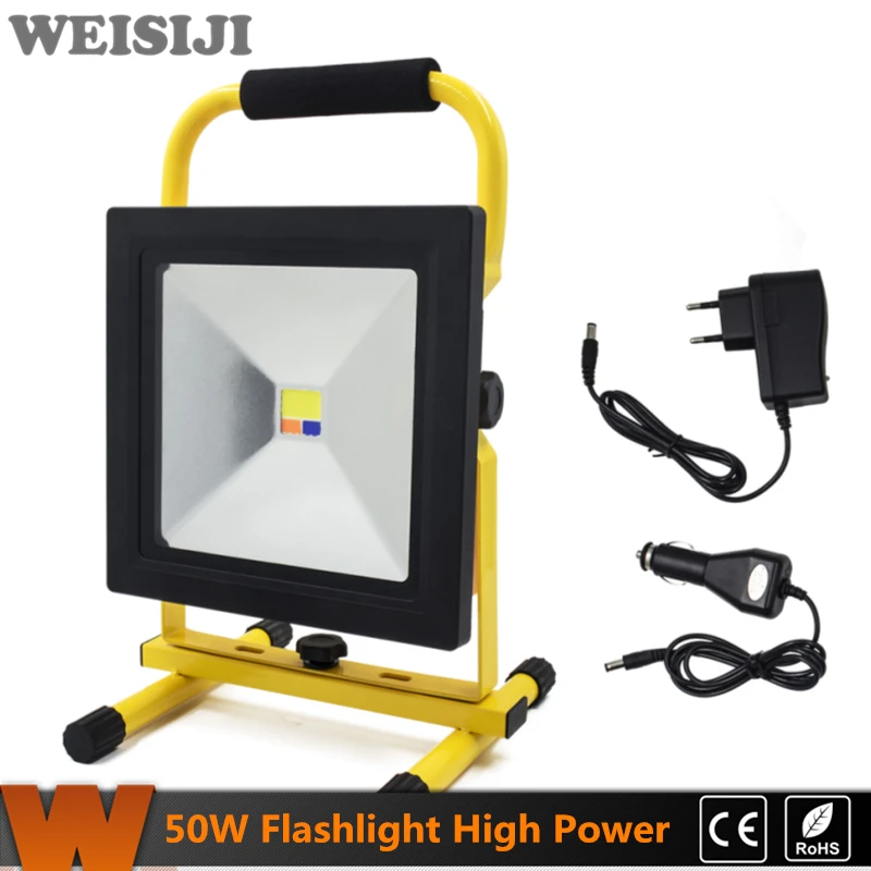

WEISIJI 50W Portable Flood Light Rechargeable LED Flashlight Emergency Outdoor Spotlight Camping Work Light with DC Car Charger
