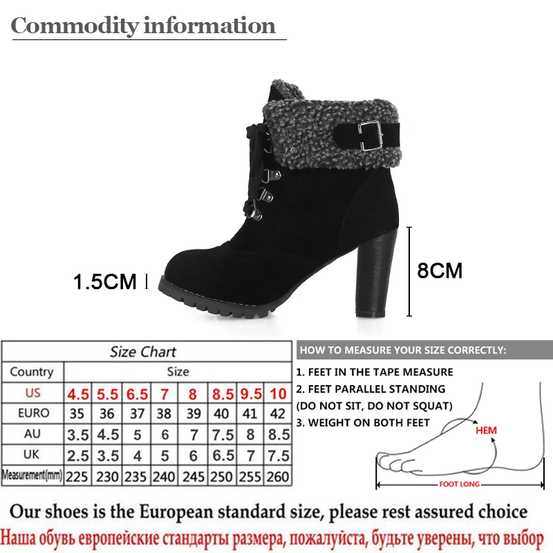 Gdgydh/ г. Новые зимние замшевые сапоги на меху теплая обувь женские ботильоны на высоком каблуке со шнуровкой и круглым носком женская обувь с пряжкой, большой размер 43