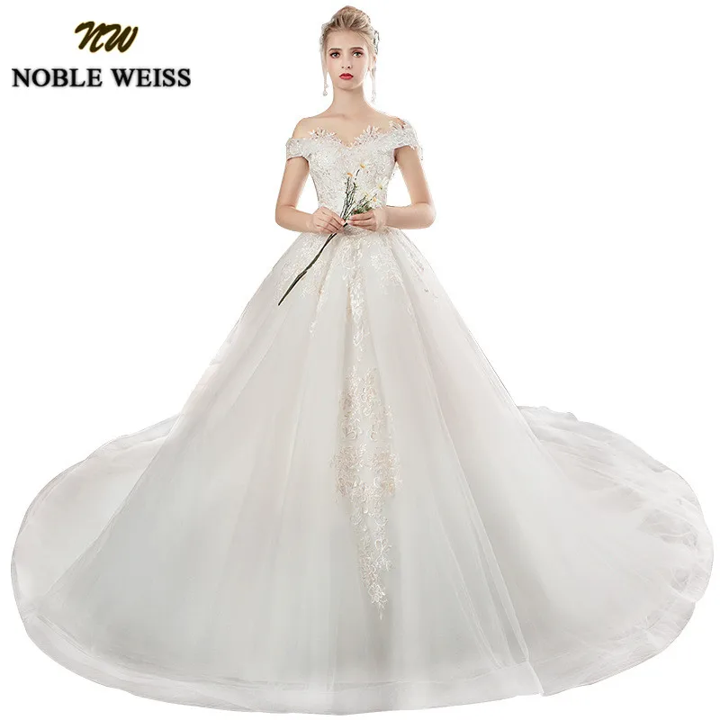 

NOBLE WEISS Ball Gown Wedding Dresses 2019 Elegant Lace Appliques Beaded Bridal Gowns Off Shoulder Vestido De Novias Custom Made