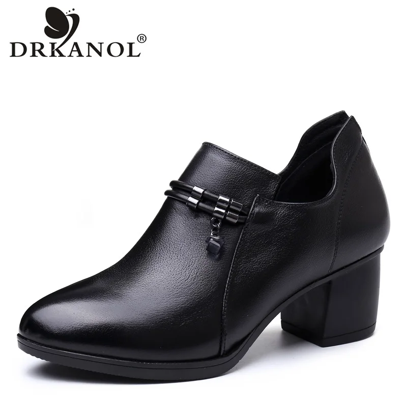 

DRKANOL 2018 Concise Crystal Black Women Pumps Genuine Leather Women Thick High Heels Pointed Toe Dress Shoes Zapatos Mujer