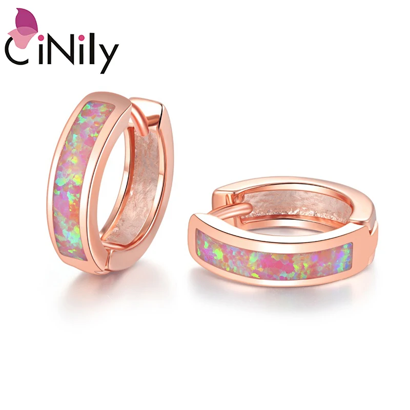 

CiNily 2019 White & Blue & Pink & Green Fire Opal Hoop Earrings Silver Rose Gold Color Mini Small Round Circle Korean Jewelry