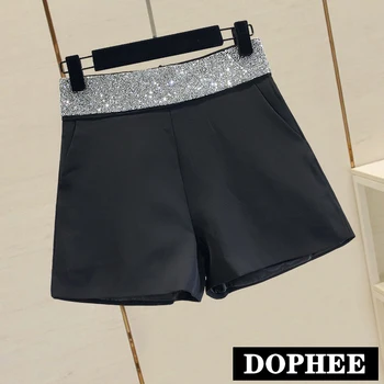 

2019 New Fashion Summer Hot-drilled High-waist Shorts for Women Solid Color Diamond Chiffon Straight Shorts