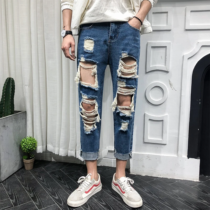 

Men's jeans 2019 summer new hole nine points straight jeans hip hop locomotive youth personality fashion trend men's clothing
