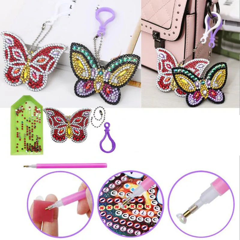 

2 Pcs/Set Diamond Painting Key Chain Key ring Handmade Pendant Key Ring DIY 5D 6.7*6.4 Cm Acrylic+Rhinestone