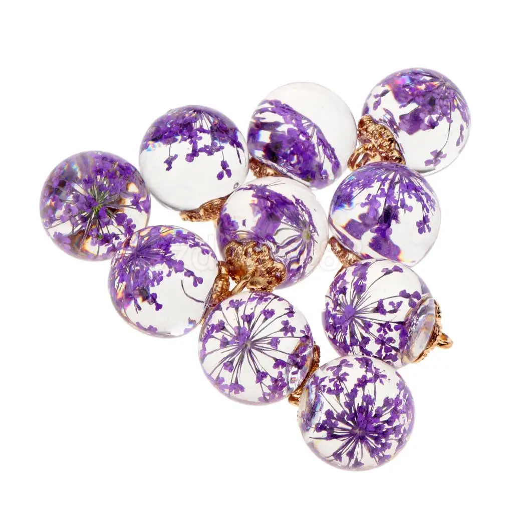10pcs Dried Flower Glass Ball Pendant with Flower Cap DIY Earring Dangle Craft Findings Loose Beads