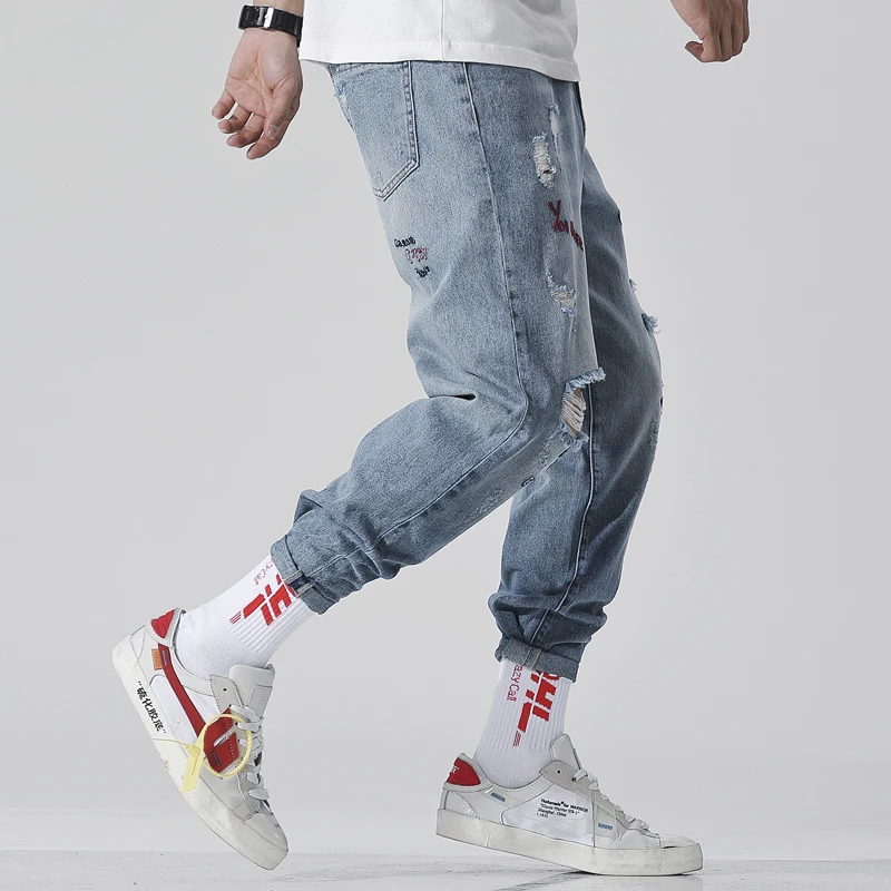 New Summer Jeans Embroidery Pants Jeans Fashion Casual Washed Ripped Distressed Holes Jeans Denim Trousers Ninth Pants