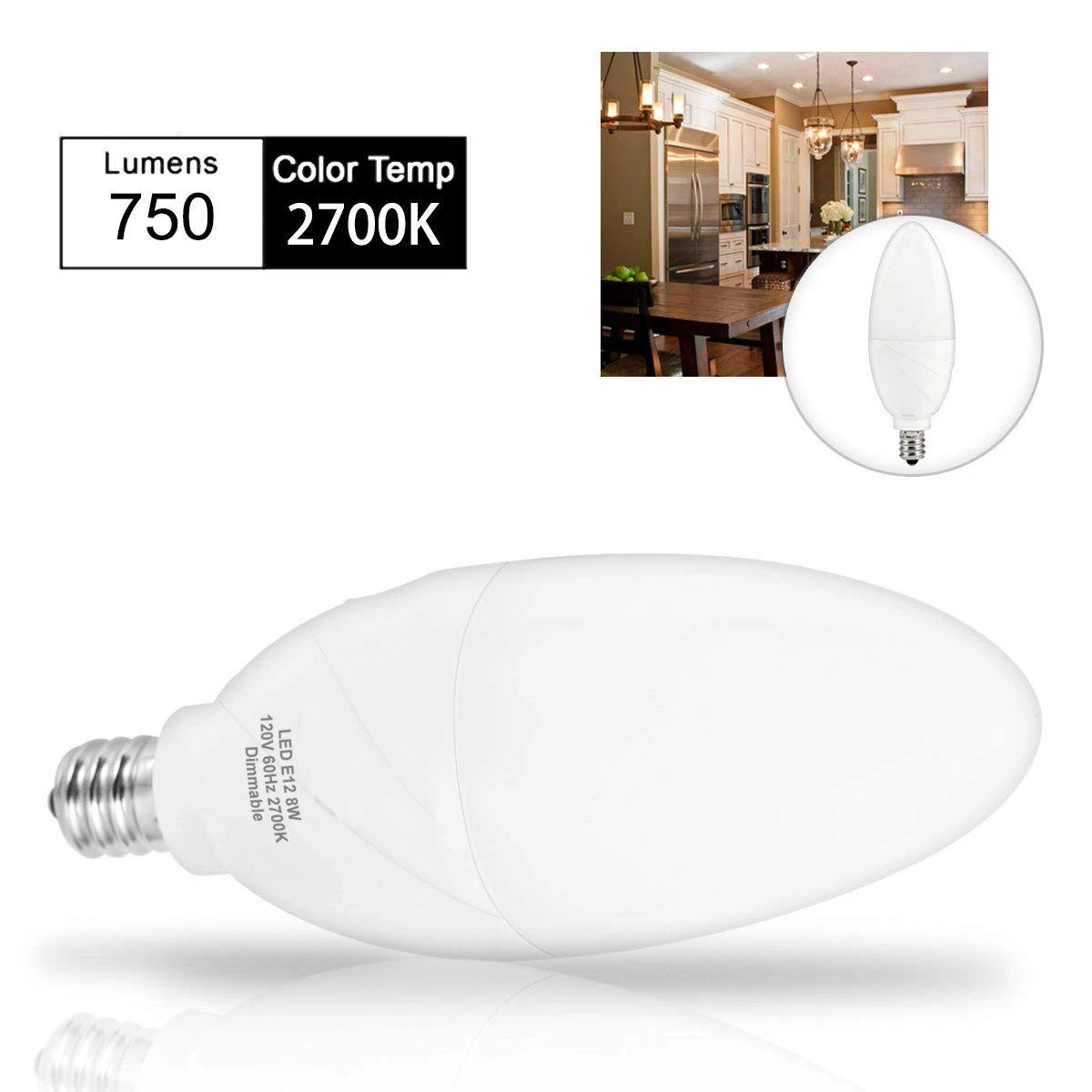Светодиодный лампа для светильника Затемнения 75 ватт эквивалент E12 основание 8 W теплый белый 2700 K домашнего освещения для Кухня обеденный