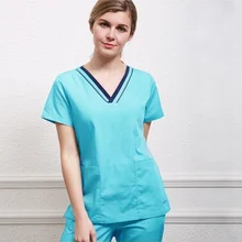 Женский топ с v-образным вырезом, рубашка с короткими рукавами, дизайн color Blocking, костюм Доктора, медицинская форма(только топ