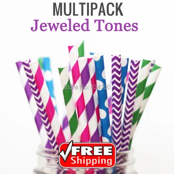 

200pcs Mixed 4 Designs JEWELED TONES Paper Drinking Straws, Baby Pink,Deep Purple, Kelly Green, Chevron, Striped, Party Supplies
