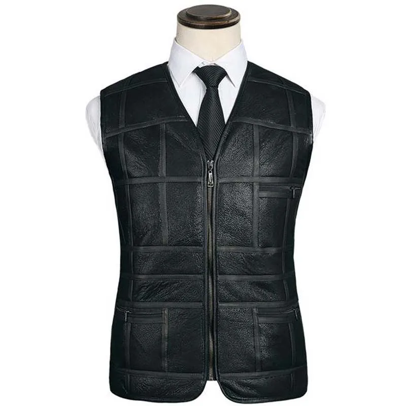 New Fashion Leather Vest Men's Suit Leather Waistcoat Winter Sheepskin Vests Genuine Leather