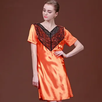 

Ladies lounge leisure wear short-sleeved summer high faux silk nightgown sexy lace nightdress sleepwear SQ043