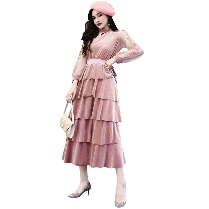 

Women 2019 Spring Autumn Elegant Velvet Stitching Mesh Layer Cake Dress Female Ruffles Slim Thin Midi Dress Solid Chic Dress L82