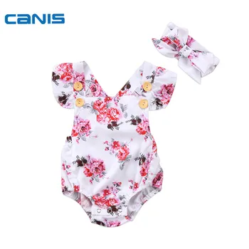 

Baby Girl Clothes Newborn Toddler Baby Girls Falbala Sleeveless Romper Jumpsuit Bowknot Headband Outfit 2Pcs