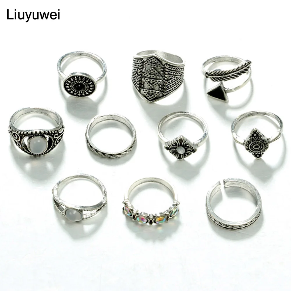 

Liuyuwei 10pcs/set Ethnic Antique Silver Color Midi Ring Set Retro Punk Anillos Knuckle Rings For Women Boho Jewelry YWYG4846