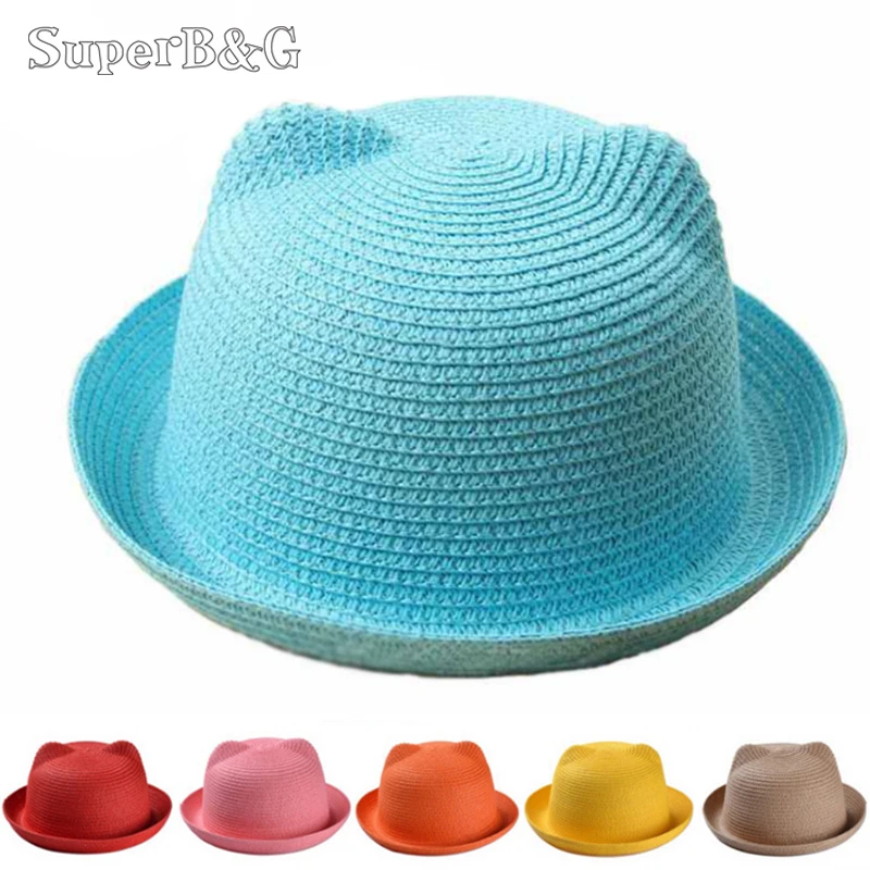 Straw Hat Character Ear Decoration Summer Cap Sun Hat for Girl Boy Bucket Cap Children Hat Beach Panama Cap