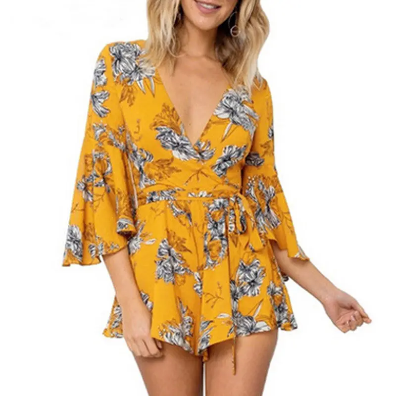 

Women Boho Short Bodysuit Sexy Hot Romper 2018 NEW Summer Beachwear Evening Clubwear Party Floral Sunsuit