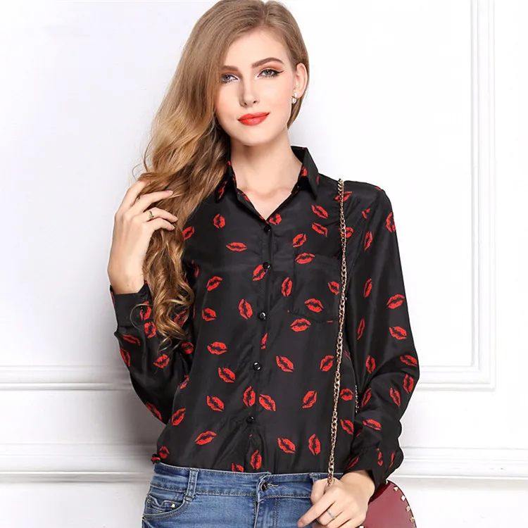 Lady Sexy Red Lip Blouse Kiss Print Long Sleeve Blouse Button Shirt Top