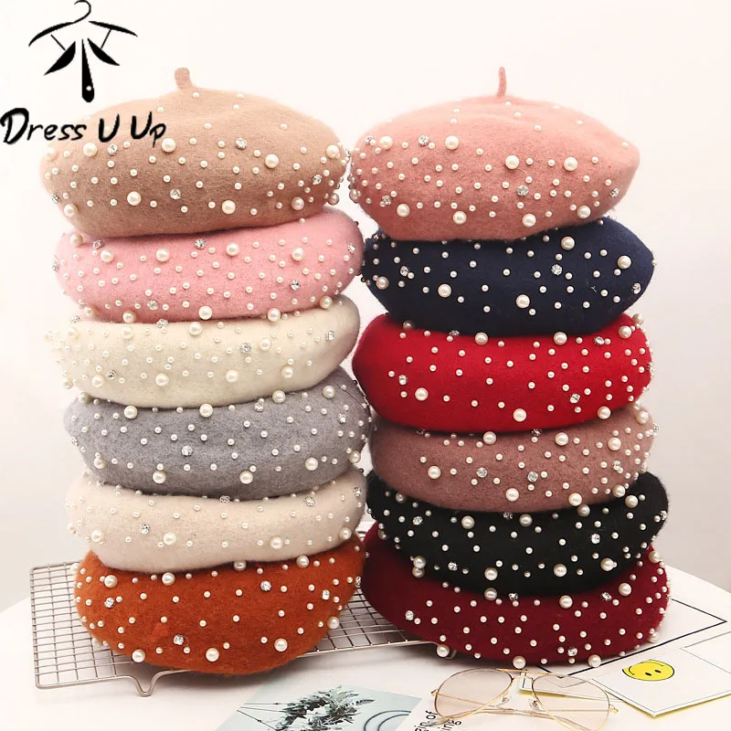

DRESSUUP Wool Beret Female Winter Caps Simulated Pearl Beads Winter Hats For Women Girl Flat Gorras Boina Painter Cap Vintage