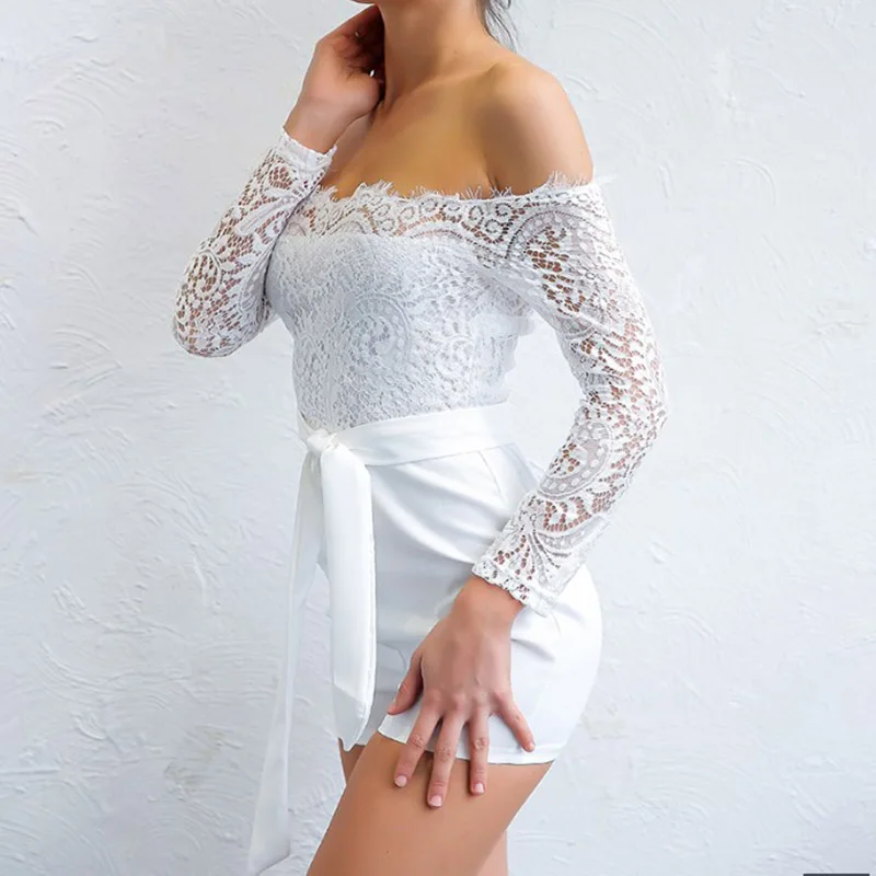 2019 New Fashion Nova Woman Lace Long Sleeves and Collar Tight-fitting Waist Playsuits Solid Sexy Style
