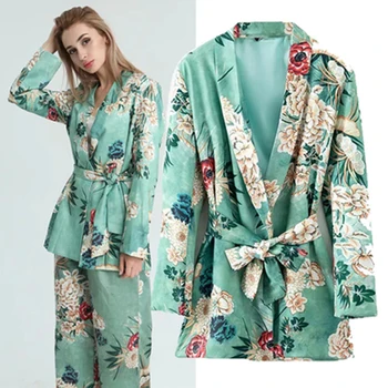 

Women's suit loose flower printing fashion suit jacket high waist wide leg pants two-piece female wild straps waist small suit