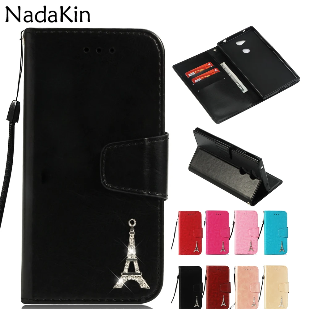 

for Sony Xperia XZ1 XZ2 Compact XA XA1 XA2 E5 L1 L2 Case Leather Flip Wallet Cover Card Pockets Rhinestone Tower Hand Rope