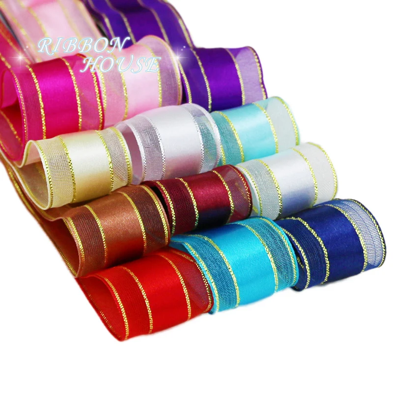 Hot sale 25mm Broadside gold edge organza ribbons gift wrapping ribbons