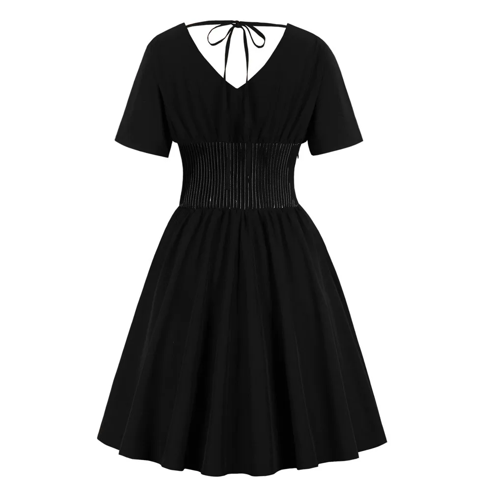 

2018 Hot Sale Vintage Style Women Short Sleeve Gothic V-neck Tunic Rockabilly Evening Prom Swing Punk Dress black Color