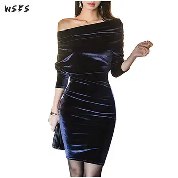 

Spring Dresses Blue Slash Neck Off Shoulder Velvet Womens Dress Vintage Bodycon Bandage Sexy Party Ladies Midi Pencil Wrap Dress