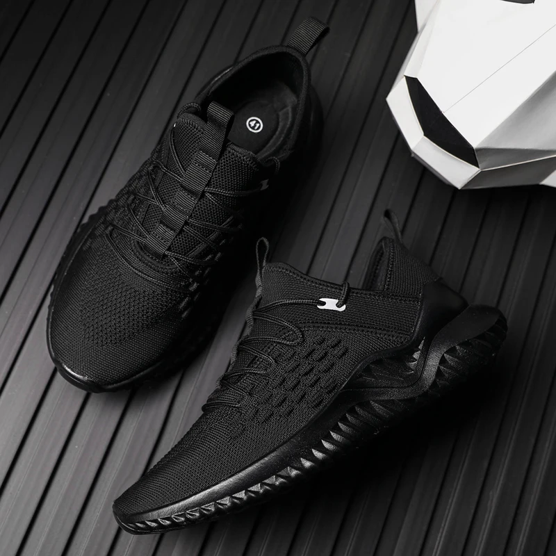 Hemmyi Mens Sneakers Casual Flyknit Breathable Trainers Lace-Up Tenis Masculino Adulto Spring/Autumn New Products Black Shoes