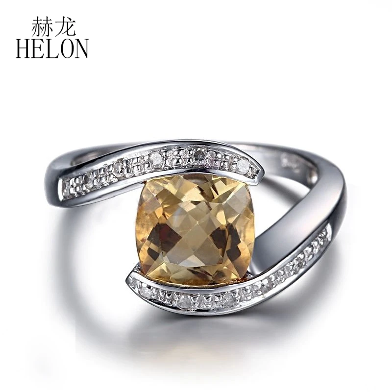 

HELON Solid 10K White Gold Flawless Cushion 2.5CT Genuine Citrine Diamonds Ring For Women Engagement Wedding Trendy Fine Jewelry