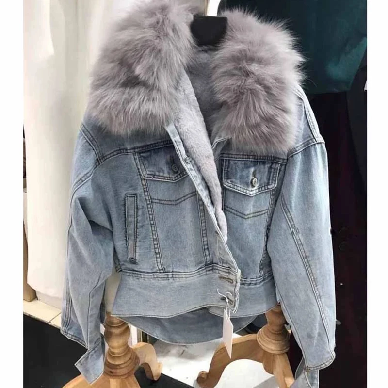 

2019 Winter Fur Collar Denim Jackets Plus Velvet Warm parka Outerwear Women Cashmere Cotton Coat Girl Fashion Denim Jacket XM400