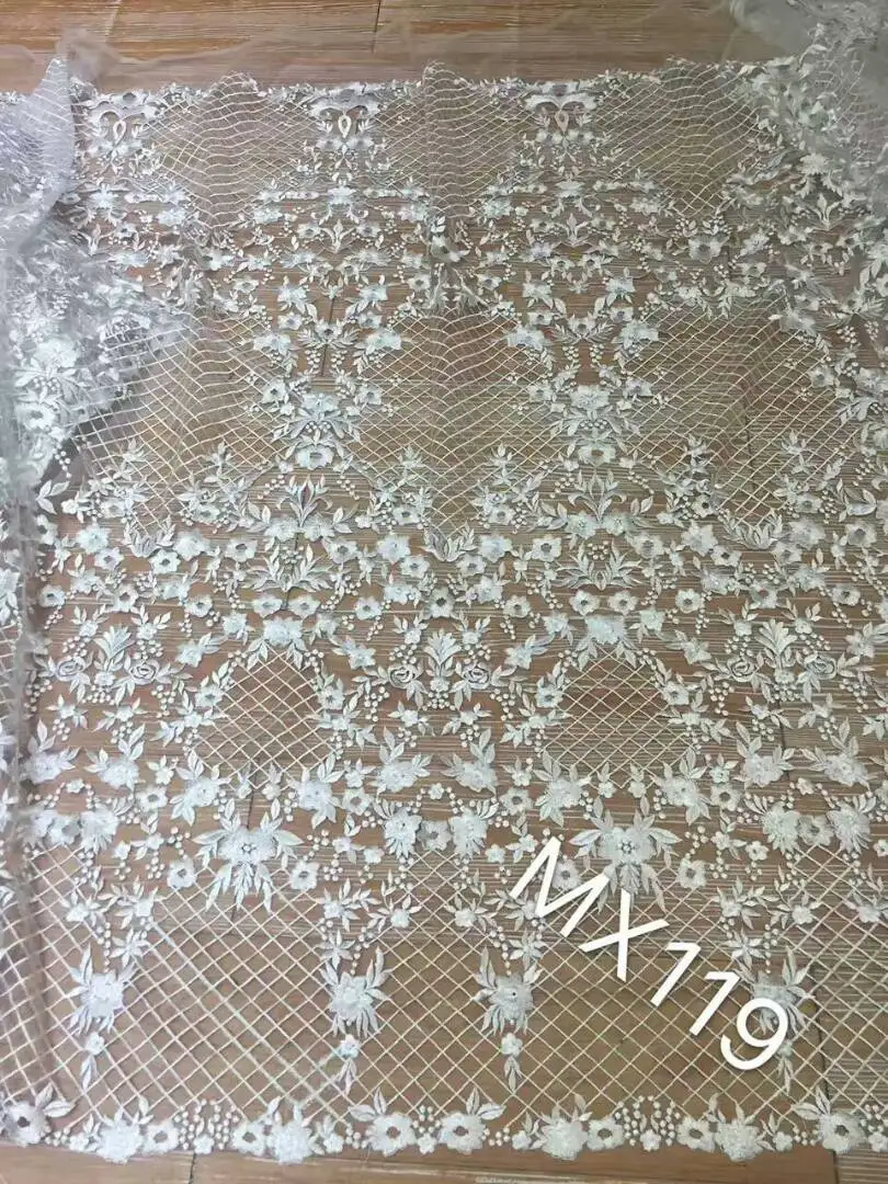 

2018 Beautiful African Lace Fabric/ High Quality Nigeria Mesh Lace/ French Tulle Beaded Lace fabric by the yard