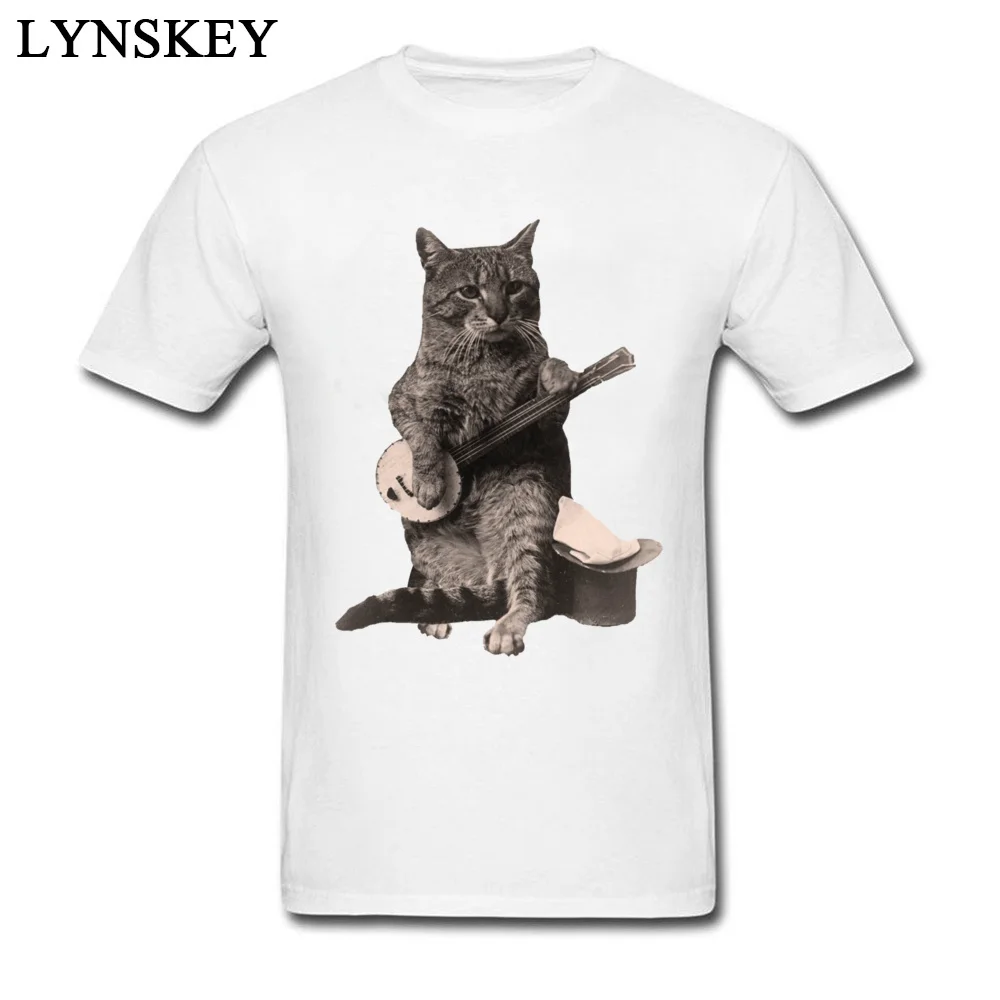Men's T Shirts Classic Cool Short Sleeve Summer/Fall Tops Shirt Funky Crewneck All Cotton Tee Shirts Cat Playing Banjo Guitar Cat Playing Banjo Guitar white