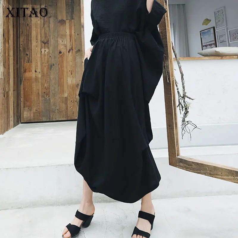 

[XITAO] New Women 2019 Summer Korea Fashion Irregular Solid Color Loose Skirt Female Pleated Mid-calf Casual Skirt WBB3320