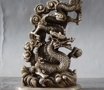 

China Feng shui silver auspicious lucky Zodiac Animal Dragon Play Bead statue