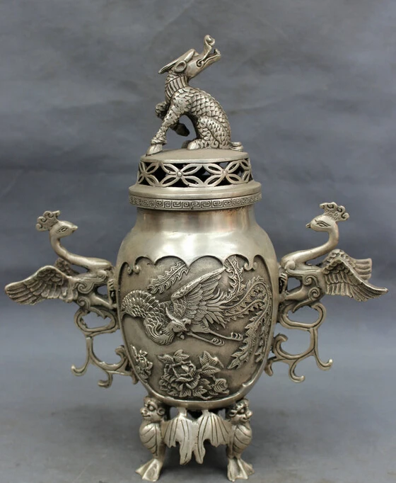 

USPS to USA S1247 12" Tibet Silver BAT Peacock Phoenix Dragon Kylin Statue Incense Burner Censer (B0413)