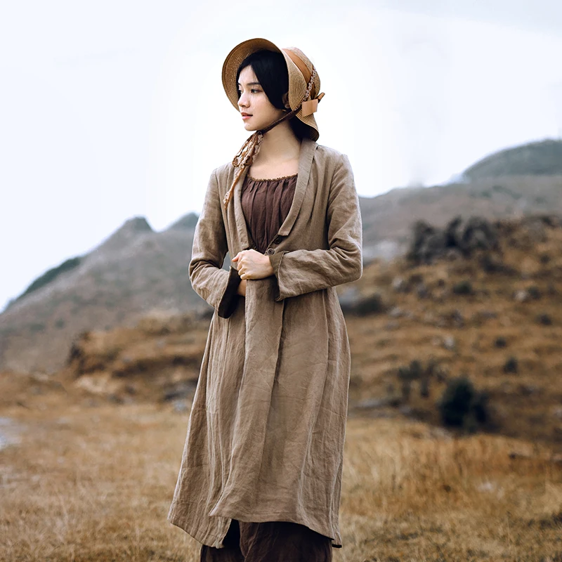 

LYNETTE'S CHINOISERIE Spring Autumn Original Design Women Vintage Long Linen Trench