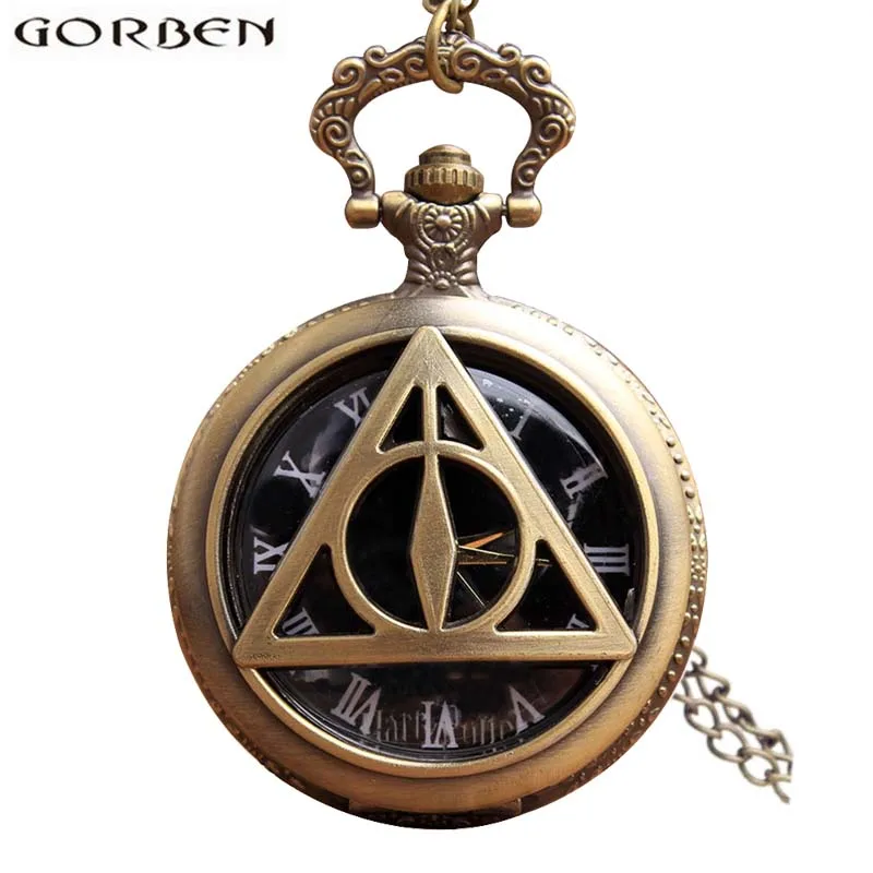 

Antique Harry Potter Deathly Hallows Quartz Pocket Watch Bronze Triangle Hollow Pattern Pendant Clock With Chain Children Gift