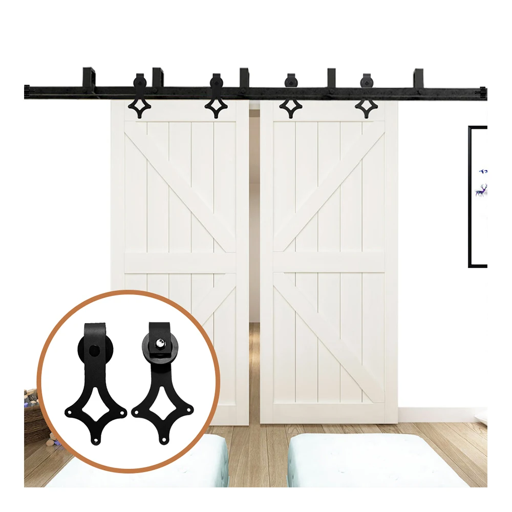 LWZH Sliding Wood Door Bypass Sliding Barn Door Hardware Kit Black Steel Rhombus Shaped Track Rollers for Interior Double Door LWZH Sliding Wood Door Bypass Sliding Barn Door Hardware Kit Black Steel Rhombus Shaped Track Rollers for Interior Double Door