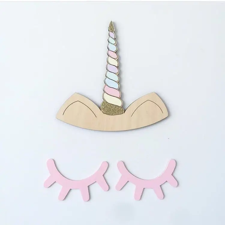 Cartoon 3D Wood Cute Unicorn Headdress Eyelash Closed Lovely Eye Wall Stickers DIY Craft Home