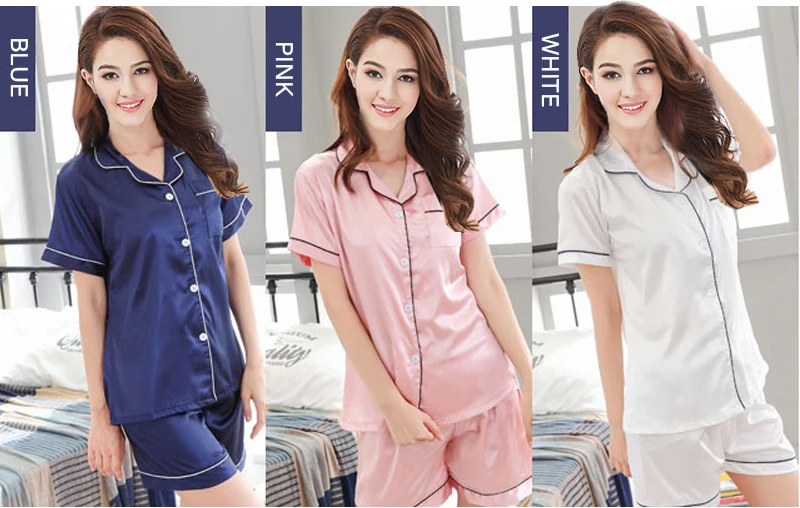 2019 New Women Silk Pajamas Comfortable Sleepwear Shorts Set Sexy Summer Satin Casual Elegant Short Pocket Front Shirts Short1