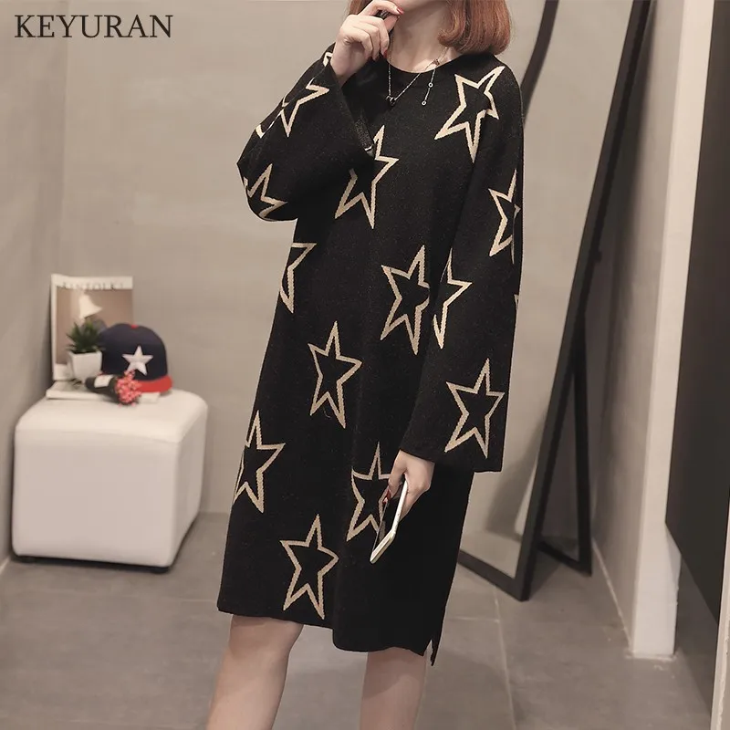 

Plus Size XXXL Women Autumn Knitted Sweater Dress Star Design Loose Long Sleeve Warm Jumper Pull Femme Pullover Knitting Tops