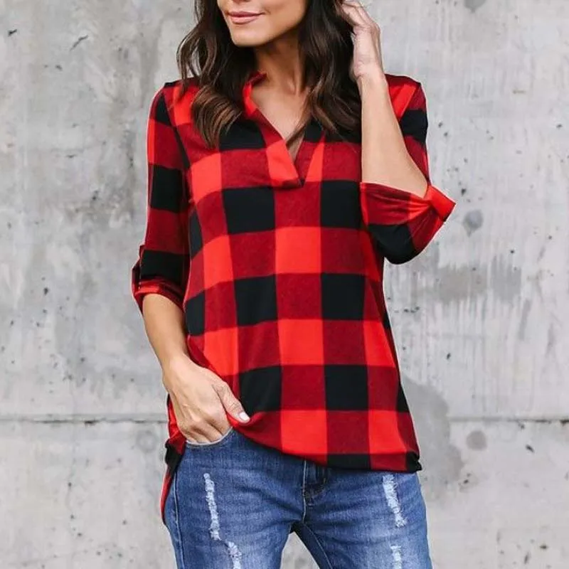 Women Fashion V Neck Long Sleeve Plus Size S 5XL Loose Blouse Casual Check Plaid Baggy Shirts Classic Pullovers Blouses