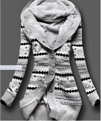 Длинный кардиган, свитер для женщин, повседневный женский свитер, толстый бархатный свитер с капюшоном и принтом, вязаный свитер для женщин, Pull Femme Hiver