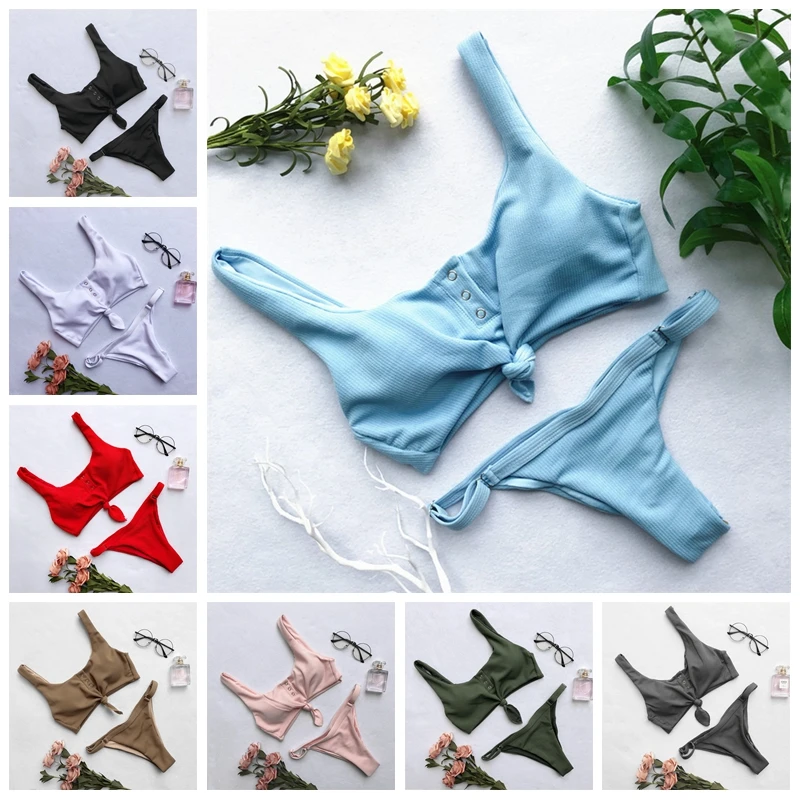 

2019 New Swimsuit Push Up Bikini Set Women Swimwear Solid Bathing Suit Lady Beachwear With Button