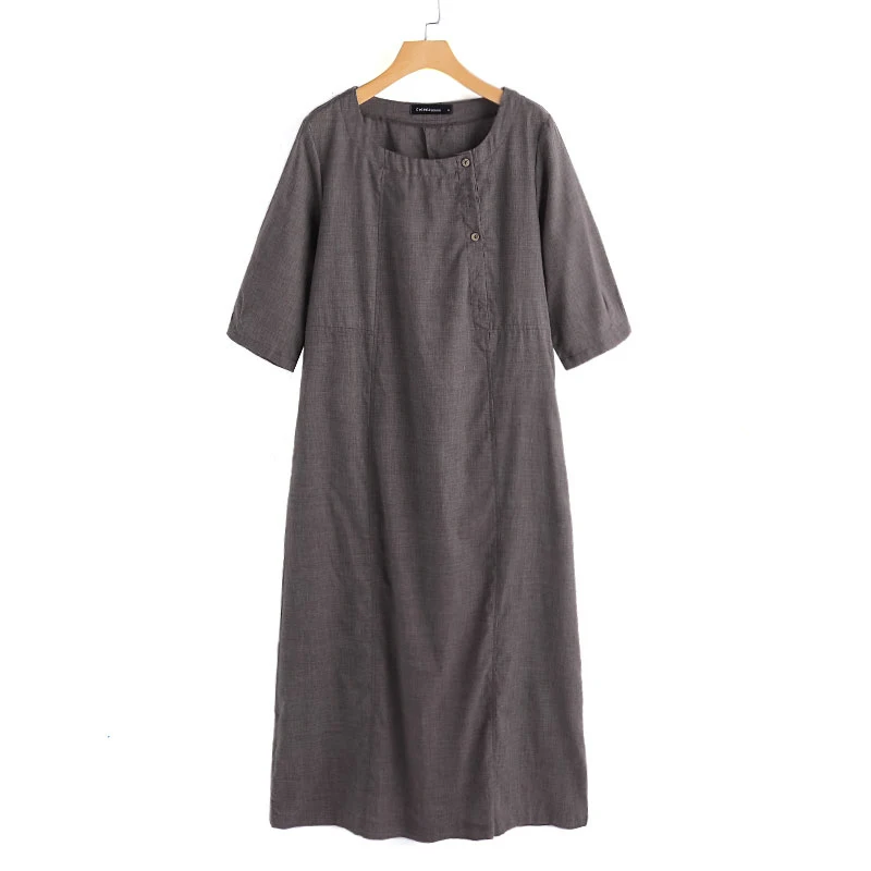 Женское винтажное Макси-платье размера плюс 5XL, осень, повседневное свободное платье с рукавом 3/4, пуговицами и карманами, длинное платье, женское платье