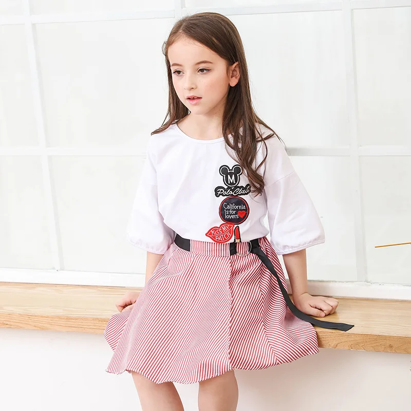 

Summer Girl Clothing Sets for 6-15Y Girls Cartoon White Half Sleeves T Shirt & Striped Skirt Set Teens Kids Outfits Clothes