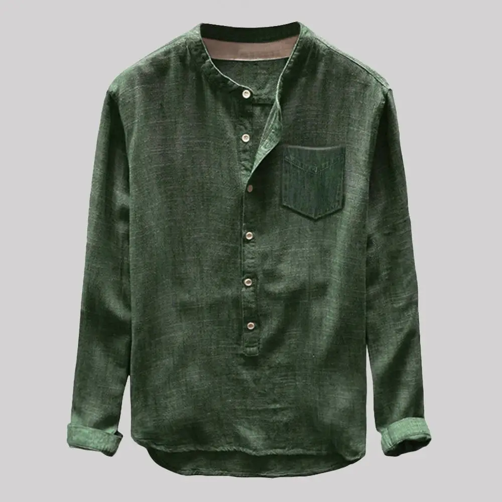 Autumn Casual Men Shirt Chemise Homme Cotton Linen Solid Color Long Sleeve Button Pocket Loose Shirt Blouse Tops Daily Clothes